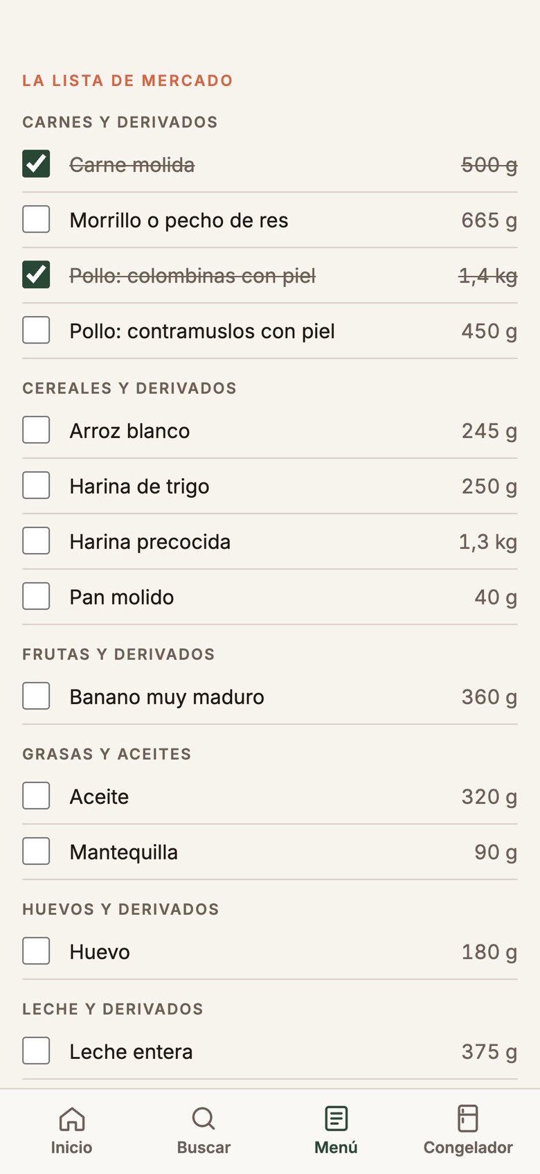 Los menús de 4 semanas, dentro de la app