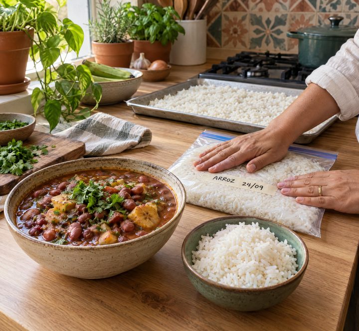 Fríjoles con plátano y arroz blanco; al lado, unas manos aplanan la bolsa de arroz con su fecha, y atrás el arroz se enfría en la bandeja